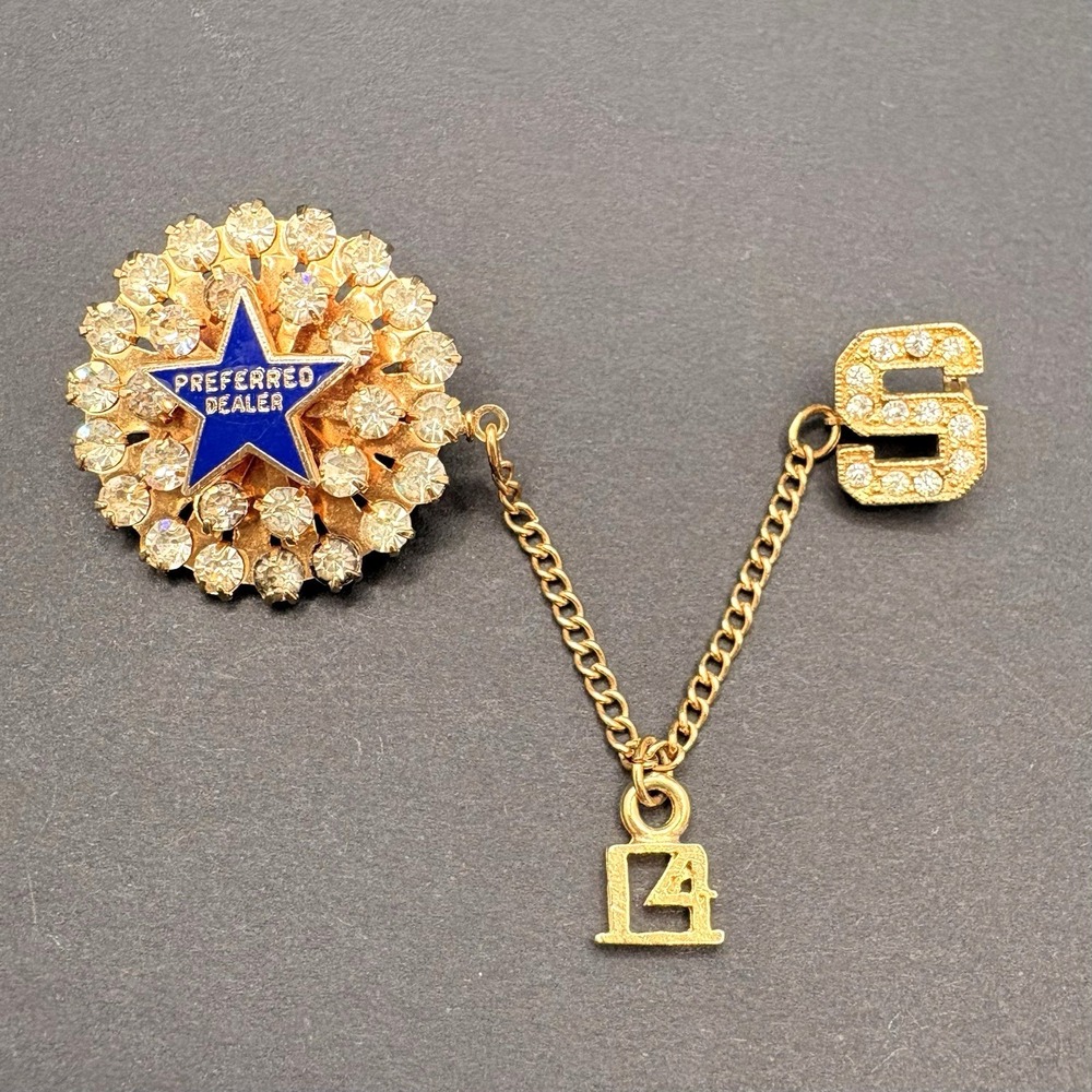 Vintage Preferred Dealer Enamel Star Rhinestones Initial S Double Chain Brooch‎